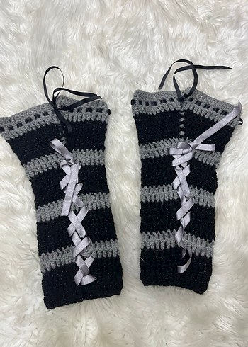 Gri Siyah Örgü Goth Eldivenler - Görsel 2