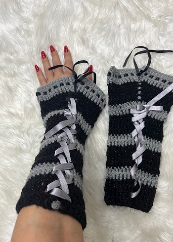 Gri Siyah Örgü Goth Eldivenler - Görsel 4