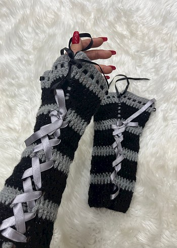 Gri Siyah Örgü Goth Eldivenler - Görsel 3