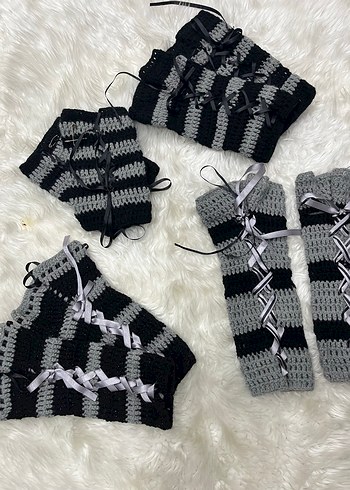 Gri Siyah Örgü Goth Eldivenler - Görsel 5