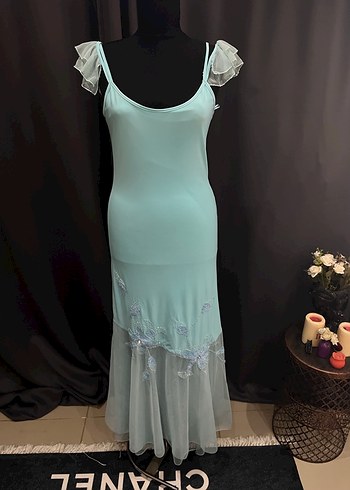 Turkuaz İşlemeli Uzun Abiye Elbise - Görsel 4