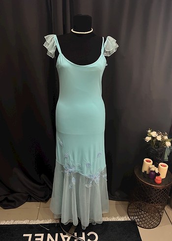 Turkuaz İşlemeli Uzun Abiye Elbise - Görsel 3