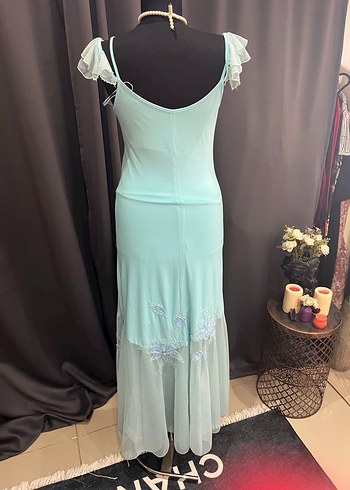 Turkuaz İşlemeli Uzun Abiye Elbise - Görsel 6