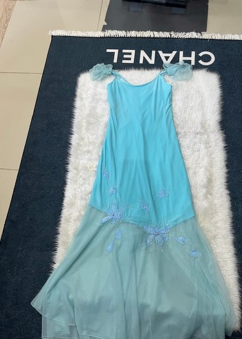 Turkuaz İşlemeli Uzun Abiye Elbise - Görsel 7