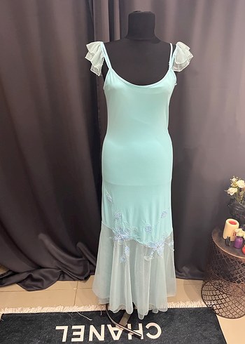 Turkuaz İşlemeli Uzun Abiye Elbise - Görsel 11