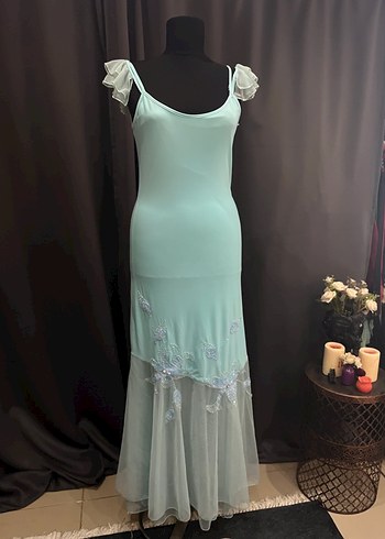 Turkuaz İşlemeli Uzun Abiye Elbise - Görsel 10