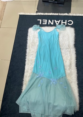 Turkuaz İşlemeli Uzun Abiye Elbise - Görsel 9