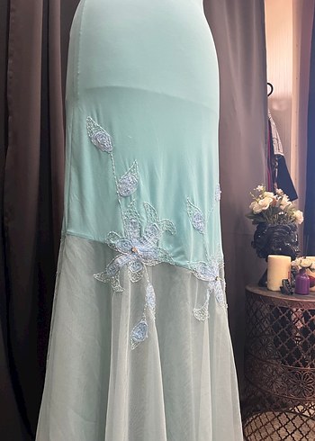 Turkuaz İşlemeli Uzun Abiye Elbise - Görsel 5