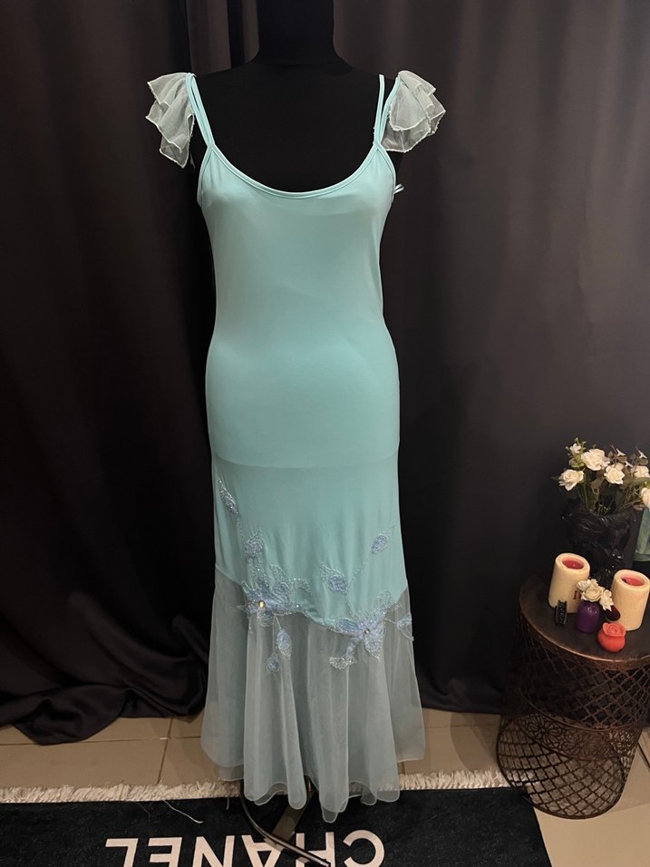 Turkuaz İşlemeli Uzun Abiye Elbise - Görsel 4