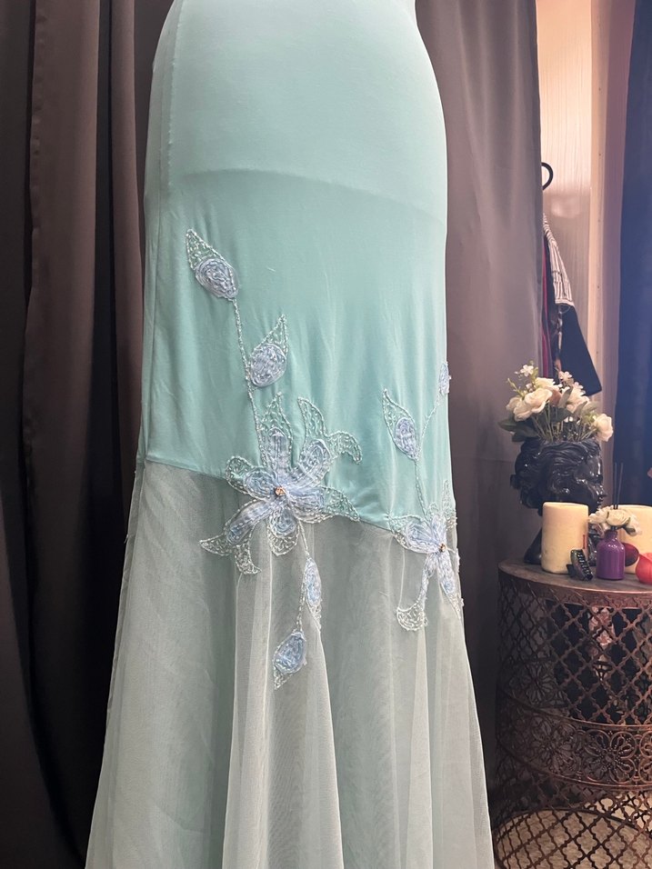 Turkuaz İşlemeli Uzun Abiye Elbise - Görsel 5