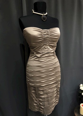 Zara Bej Drapeli Straplez Midi Elbise