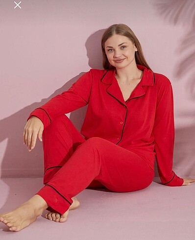 Kırmızı büyük beden pamuklu pijama takımı