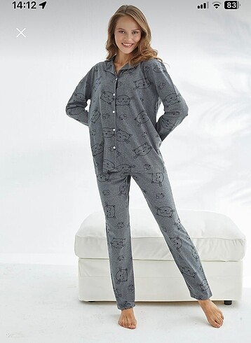 Diğer Antrasıt kedı desenli pijama takımı