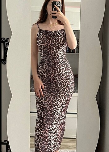 LEOPAR İNCE ASKILI SANDY ELBİSE