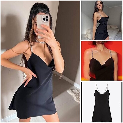 Zara Zara parlak taşlı askılı siyah saten elbise