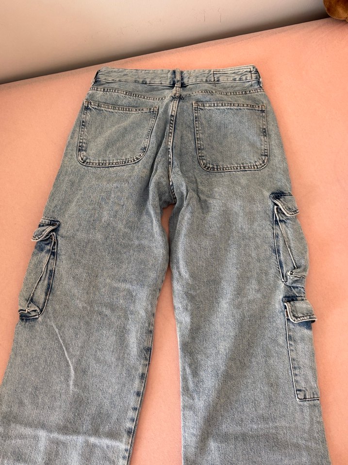 Açık Mavi Bol Kesim Kargo Kadın Kot Pantolon - Görsel 2