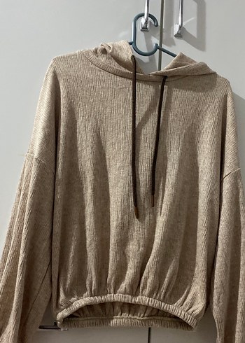 Bej Kadın Kapüşonlu Triko Sweatshirt