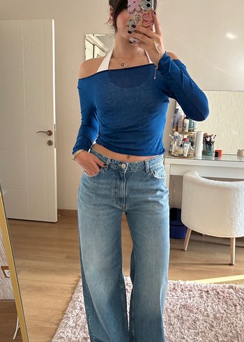 Pull and Bear Mavi Loose Fit Midi Kot Pantolon