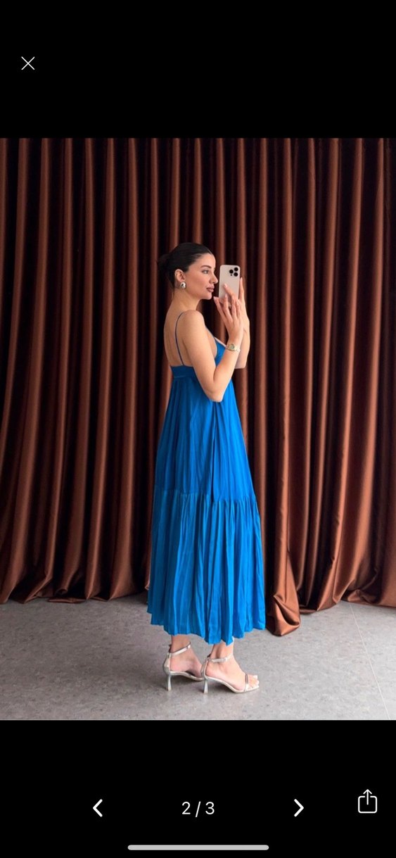 Saks Mavi Uzun Pilili askılı Elbise - Görsel 2