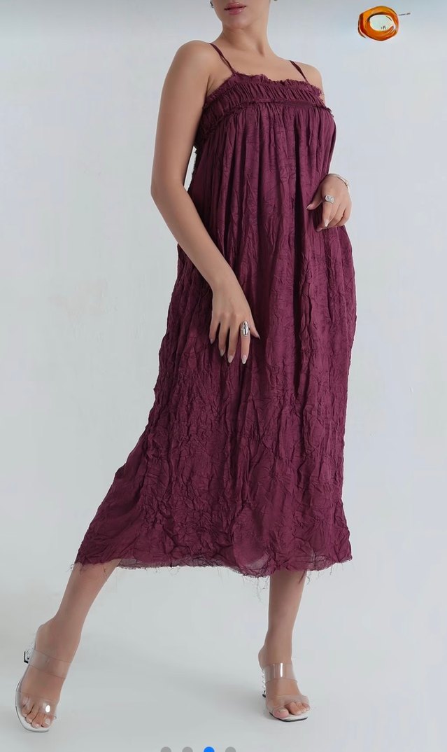 Bordo Keten Salaş Uzun askılı Elbise - Görsel 2