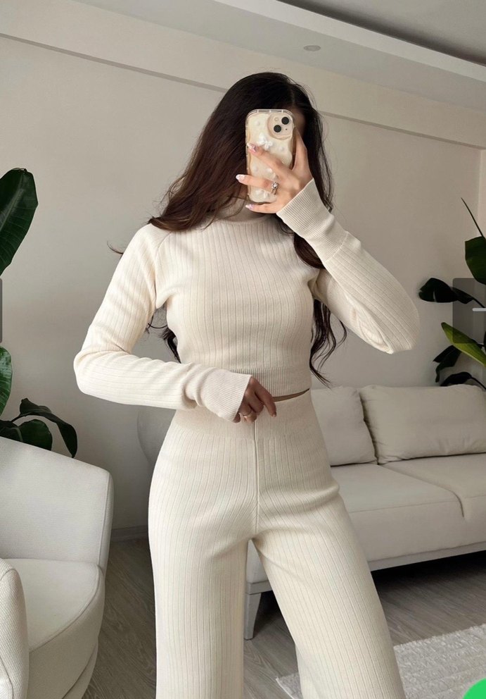 Parmak Geçmeli Triko Takım Ekru - Görsel 2