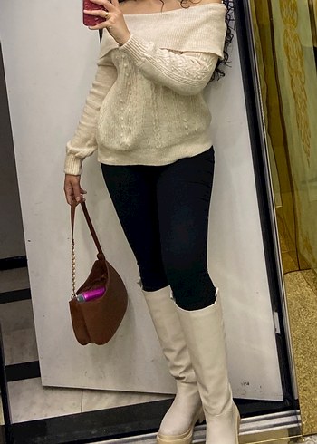 Krem Örgü Kayık Yaka Kadın Kazak - Görsel 2