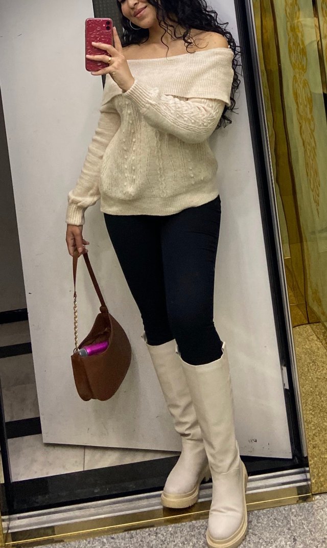 Krem Örgü Kayık Yaka Kadın Kazak - Görsel 2