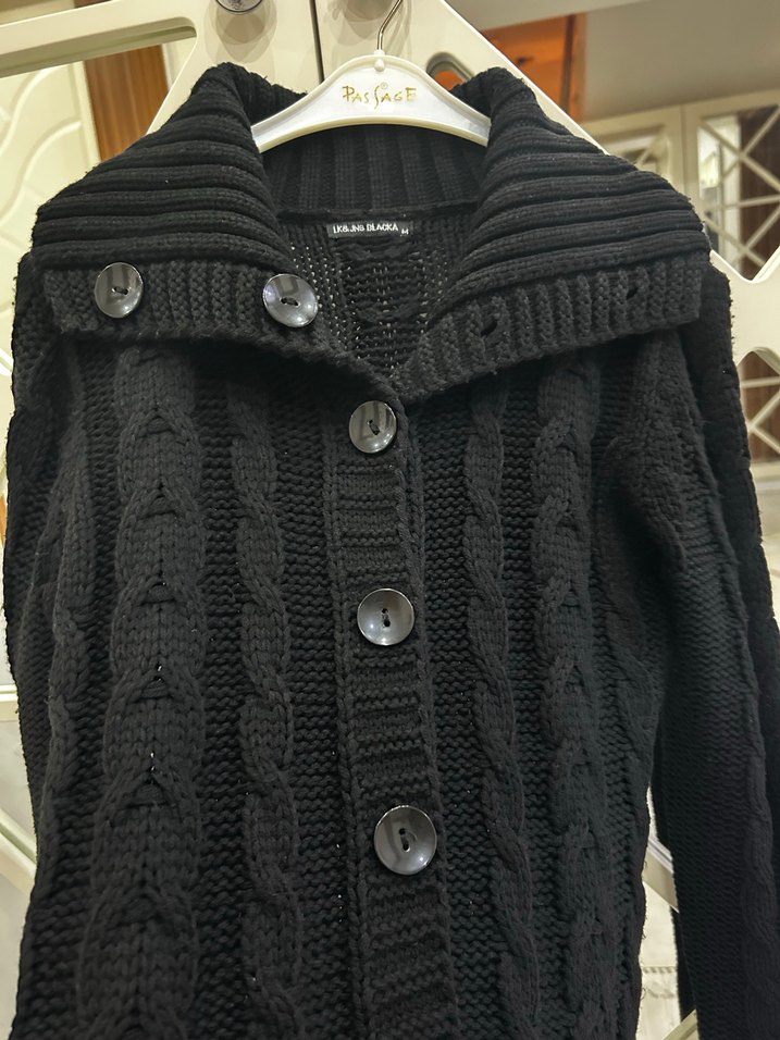 Uzun Siyah Örgü Kadın Hırka - Görsel 3