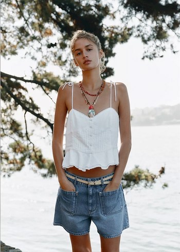 Beyaz Bağcıklı Bohem Denim Mini Şort