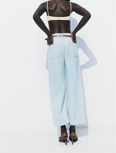 m Beden mavi Renk KEMERLİ YÜKSEK BEL WIDE-LEG CROPPED