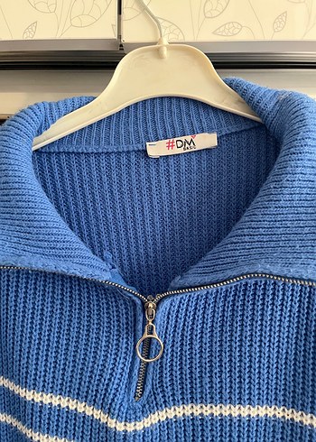 Mavi Çizgili Yarım Fermuarlı Kadın Triko - Görsel 2