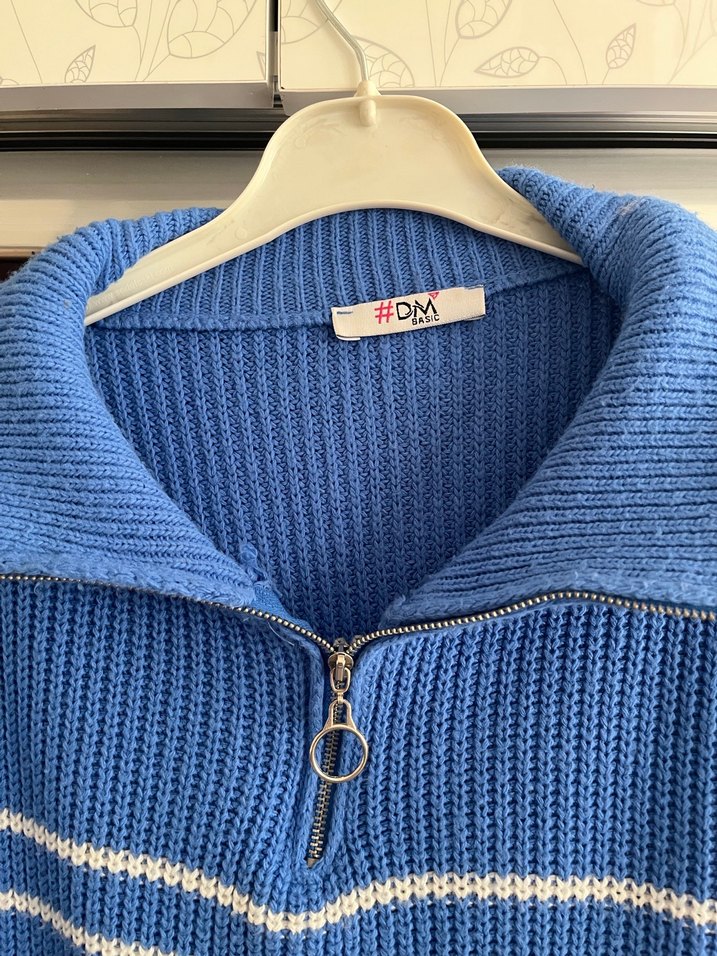 Mavi Çizgili Yarım Fermuarlı Kadın Triko - Görsel 2