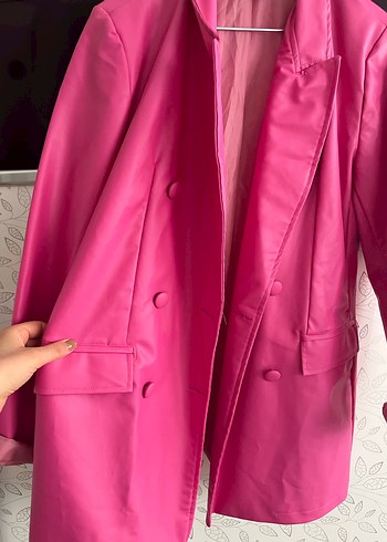 Pembe Uzun Deri Kadın Blazer Ceket - Görsel 2