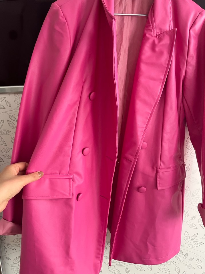 Pembe Uzun Deri Kadın Blazer Ceket - Görsel 2