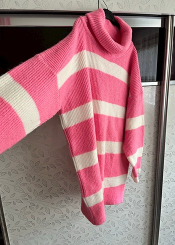 Pembe Beyaz Çizgili Balıkçı Yaka Kadın Kazak - Görsel 2