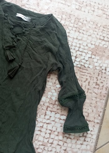 36 Beden siyah Renk Uzun Kollu koyu yeşil Bohem Keten Bluz
