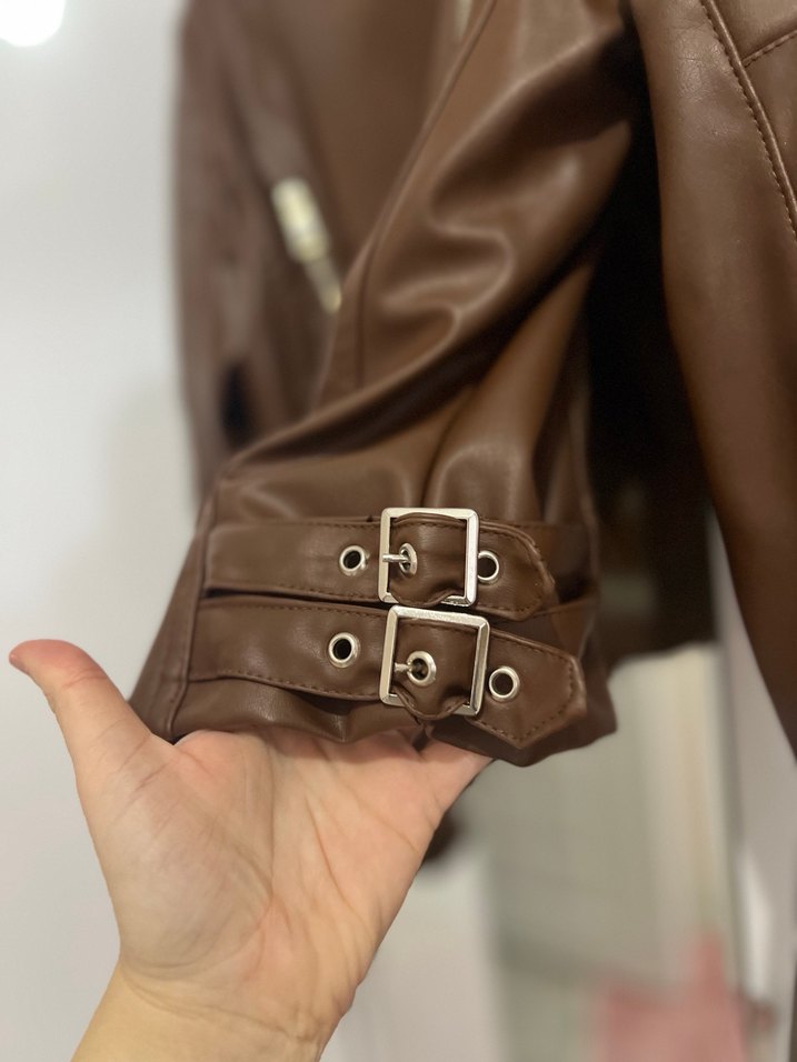 Kahverengi Deri Biker Ceket - Görsel 2