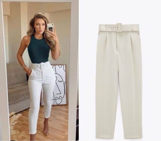 m Beden camel Renk Zara orjinal High Waisted Belted Pants