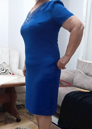 Kısa Kollu V Yakalı Lacivert Kadın Elbise - Görsel 5