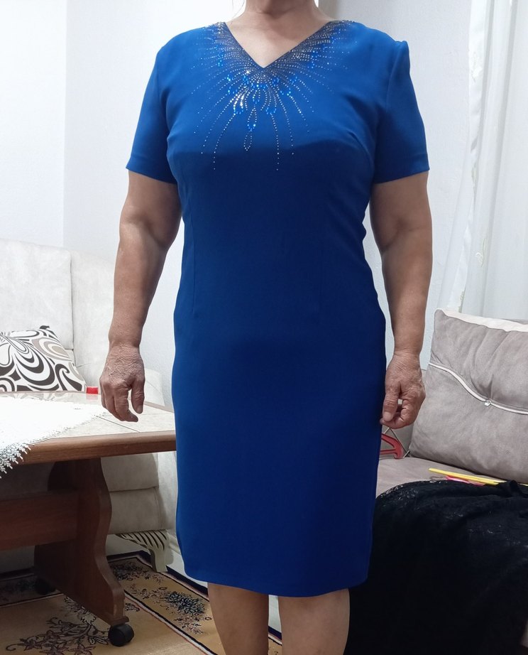 Kısa Kollu V Yakalı Lacivert Kadın Elbise - Görsel 3