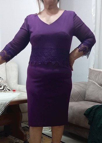 Dantel Detaylı Mor Midi Kadın Abiye Elbise - Görsel 2