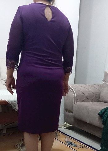 Dantel Detaylı Mor Midi Kadın Abiye Elbise - Görsel 3