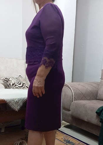 Dantel Detaylı Mor Midi Kadın Abiye Elbise - Görsel 4