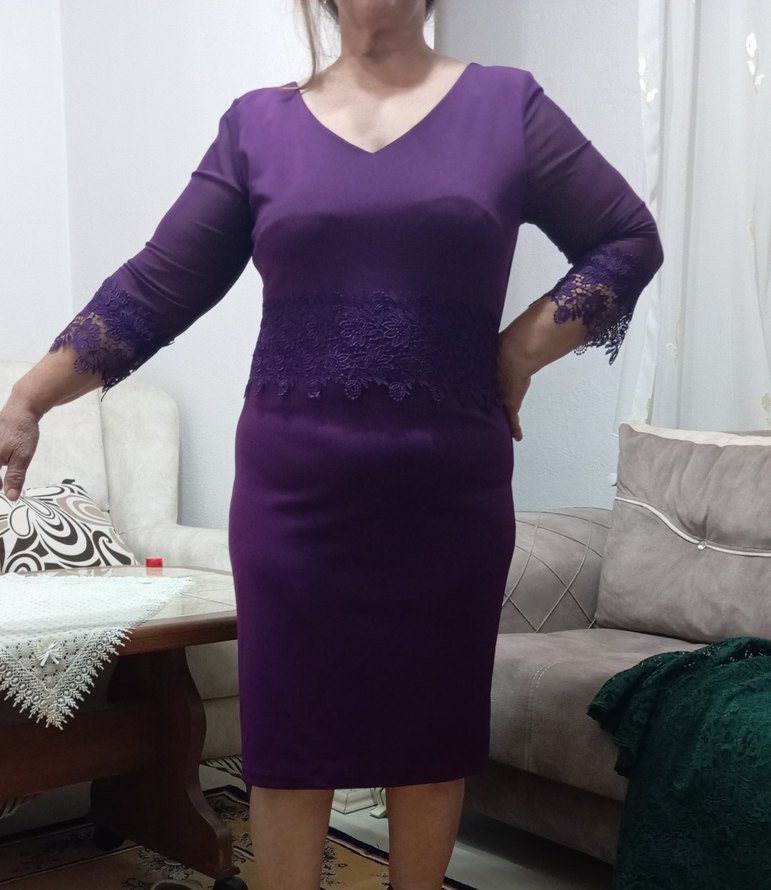 Dantel Detaylı Mor Midi Kadın Abiye Elbise - Görsel 2
