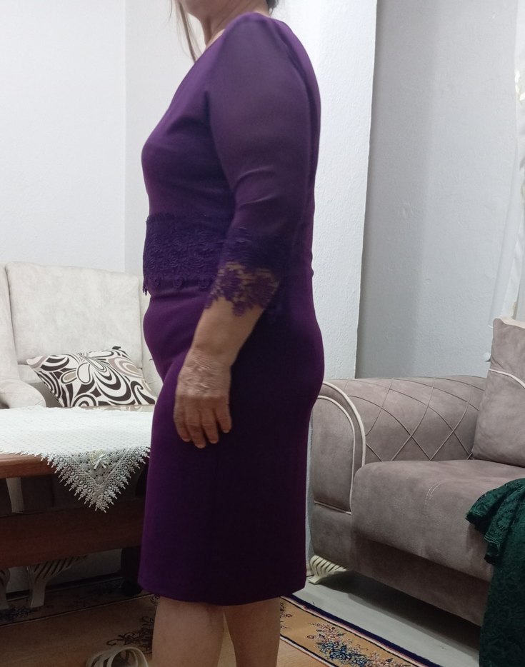 Dantel Detaylı Mor Midi Kadın Abiye Elbise - Görsel 4