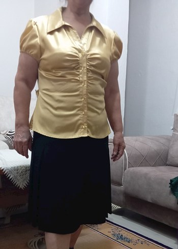 Sarı V Yaka Düğmeli Kadın Gömlek ve Etek - Görsel 3