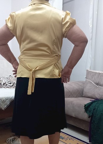 Sarı V Yaka Düğmeli Kadın Gömlek ve Etek - Görsel 5