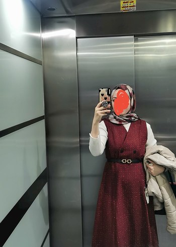 Bordo Kemerli Uzun Kolsuz tüvit Elbise - Görsel 2