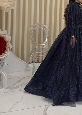 Uzun Kollu Mavi Drapeli Kadın Abiye - Görsel 3