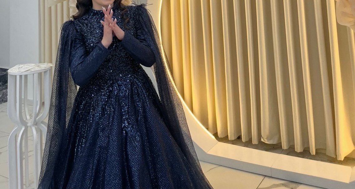 Uzun Kollu Mavi Drapeli Kadın Abiye - Görsel 2